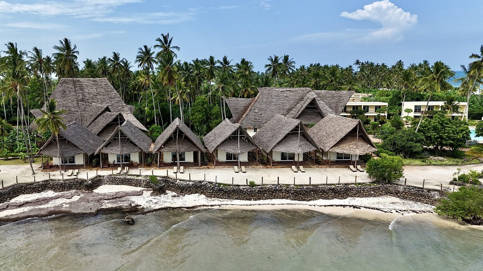 Aerial view of the beachfront villas at Maharaja Boutique Hotel Zanzibar