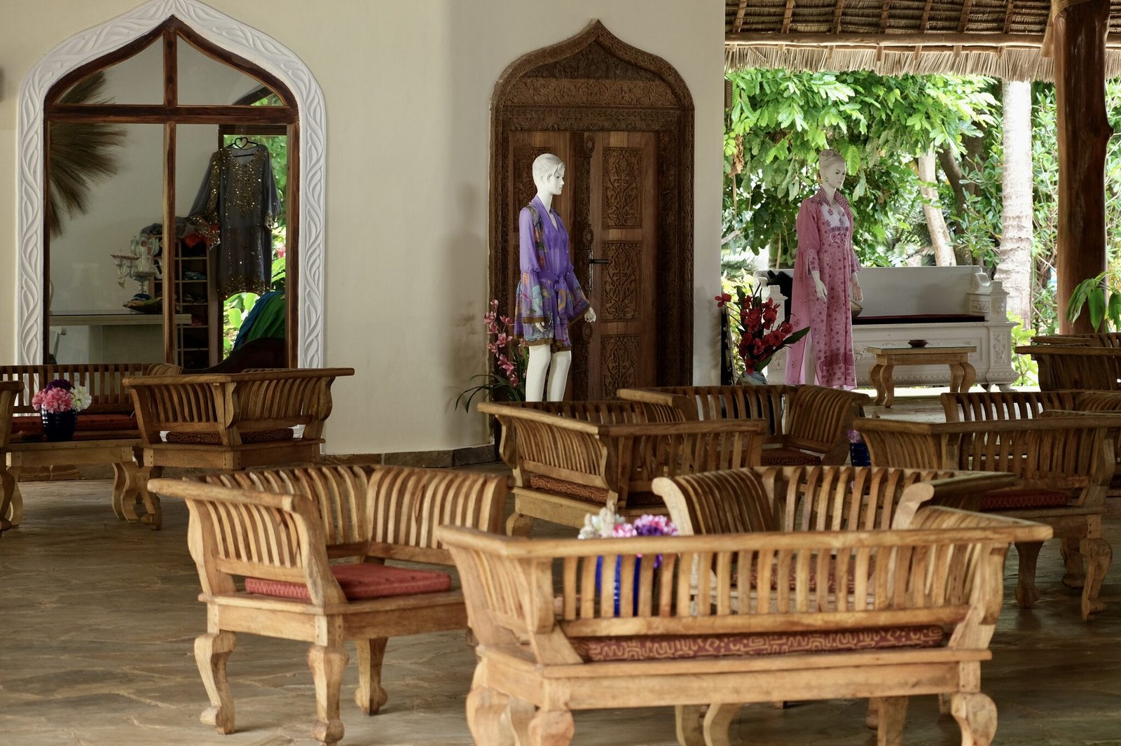 Open-air lobby lounge with handcrafted Zanzibari furniture